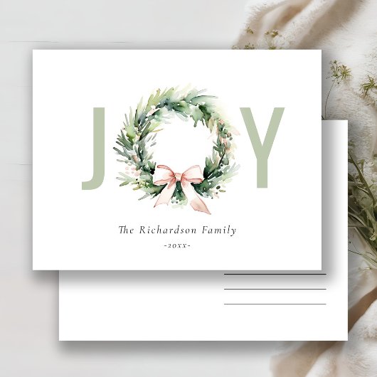 Cartes Pour Fêtes Annuelles Couronne de Noël verte blush de joie aquarelle