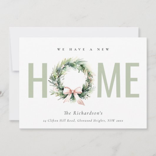 Cartes Pour Fêtes Annuelles Couronne de Noël verte rosée Annonce d'une nouvell (Devant)