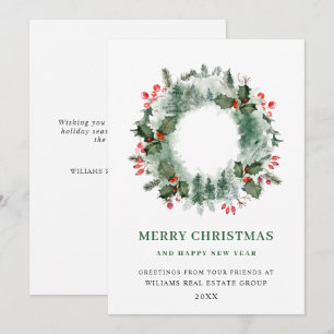 Cartes Pour Fêtes Annuelles Couronne de paysage de Noël baie de houx pinède