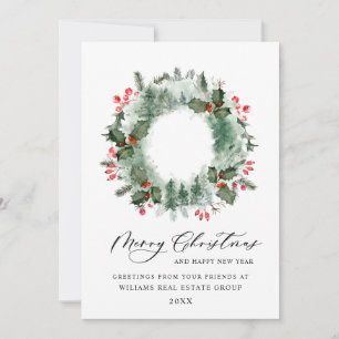 Cartes Pour Fêtes Annuelles Couronne de paysage de Noël baie de houx pinède