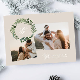 Cartes Pour Fêtes Annuelles Couronne de pin classique avec monogramme élégant