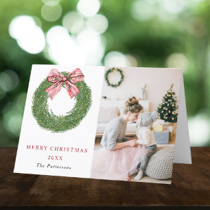 Cartes Pour Fêtes Annuelles Couronne de pin d'hiver Ruban rouge Deux Photo Noë
