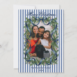 Cartes Pour Fêtes Annuelles Couronne de sapin à rayures bleues Photo de Noël