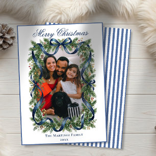 Cartes Pour Fêtes Annuelles Couronne de sapin à rayures bleues Photo de Noël