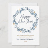 Cartes Pour Fêtes Annuelles Couronne élégante à l'aquarelle de verdure bleue (Devant)