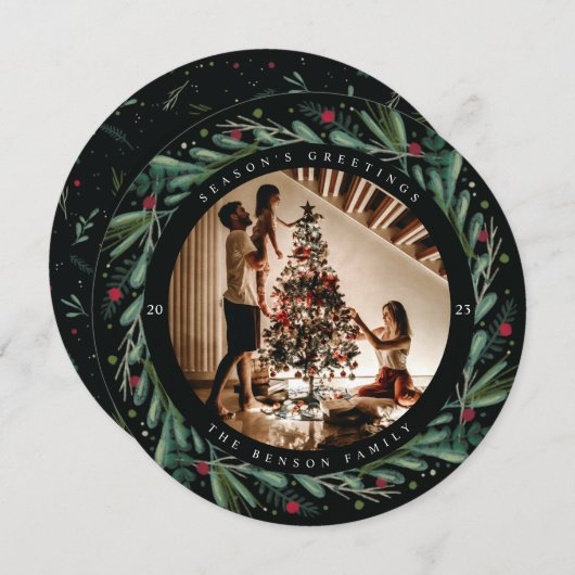 Cartes Pour Fêtes Annuelles Couronne festive de vacances aux feuilles et aux b (Devant / Derrière)