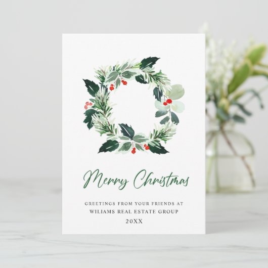 Cartes Pour Fêtes Annuelles Couronne festive houx baie pin forêt Noël (Debout devant)