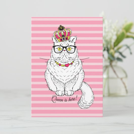 Cartes Pour Fêtes Annuelles Couronne Queen Cat blanche rose (Debout devant)