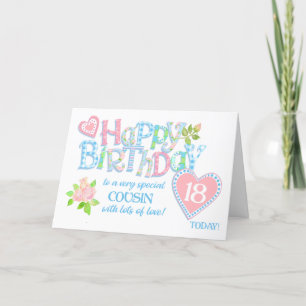 Cartes Pour Fêtes Annuelles Cousin 18e anniversaire Coeurs Rose Word Art Card