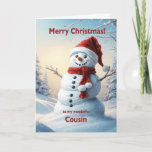 Cartes Pour Fêtes Annuelles Cousin Christmas Snowman<br><div class="desc">Une scène d'hiver festive montrant un joyeux bonhomme de neige dans un casquette rouge et foulard. Souhaitez à votre cousin un joyeux Noël avec une belle carte de bonhomme de neige.</div>