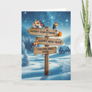 Cartes Pour Fêtes Annuelles Cousin et sa femme Robins de Noël sur un panneau