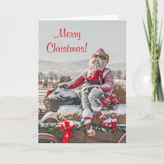 Cartes Pour Fêtes Annuelles Cowboy Père Noël Noël Wagon avec Hay Bales (Devant)