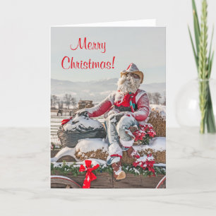 Cartes Pour Fêtes Annuelles Cowboy Père Noël Noël Wagon avec Hay Bales
