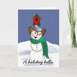 Cartes Pour Fêtes Annuelles Cowboy Snowman avec Birdhouse