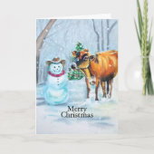 Cartes Pour Fêtes Annuelles Cowboy Snowman & Cow Christmas Winter Scene (Devant)