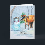 Cartes Pour Fêtes Annuelles Cowboy Snowman & Cow Christmas Winter Scene<br><div class="desc">Inspiré par mon père qui était éleveur dans le Montana. L'art a été créé à l'origine dans un pastel à l'huile par Deborah Miller, artiste.</div>