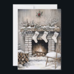 Cartes Pour Fêtes Annuelles Cozy Fireplace Christmas<br><div class="desc">A festive stone fireplace trimmed with snowy evergreen boughs, glowing candles, and three hanging stockings sets a classic holiday scene. Firewood, snowfall, and a wooden chair complete the quiet, rustic charm. The back of the card includes the verse Wishing you peace, joy, and happiness this holiday season, with space to...</div>