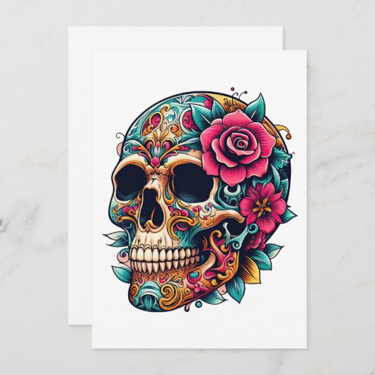 Cartes Pour Fêtes Annuelles Crâne avec tatouages et fleurs (Devant / Derrière)