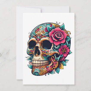 Cartes Pour Fêtes Annuelles Crâne avec tatouages et fleurs