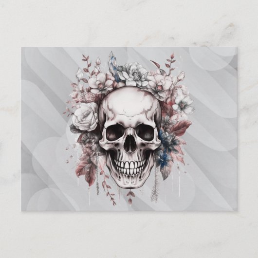 Cartes Pour Fêtes Annuelles Crâne Fleurs blanches Vert Gris Halloween (Devant)