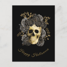 Crâne gothique Roses pailletées noires et or Hallo