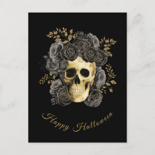 Cartes Pour Fêtes Annuelles Crâne gothique Roses pailletées noires et or Hallo
