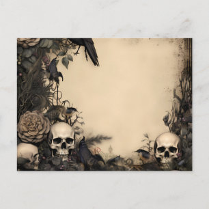 Cartes Pour Fêtes Annuelles Crânes Antiques Fleurs Noires et Feuillage d'Hallo