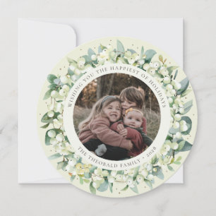 Cartes Pour Fêtes Annuelles Crème Ronde/Carrée Snowberry+Eucalyptus Photo