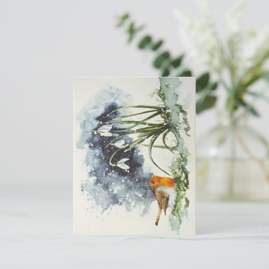 Cartes Pour Fêtes Annuelles Crocus Et Oiseau En Aquarelles De Neige (Debout devant)