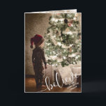 Cartes Pour Fêtes Annuelles Croire l'arbre de Noël plié<br><div class="desc">Illustration d'un petit garçon dans un chapeau de Père Noël debout en émerveillement d'un beau sapin de Noël et présente un message de voeux de Croyance sur le devant et votre message personnalisé et les noms à l'intérieur.</div>