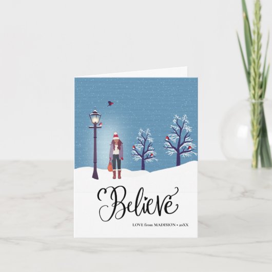 Cartes Pour Fêtes Annuelles CROIRE | Paysage Neige Avec Oiseau Cardinal D'Hive (Devant)