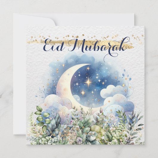 Cartes Pour Fêtes Annuelles Croissant de lune à l'aquarelle Eid Mubarak avec a (Devant)