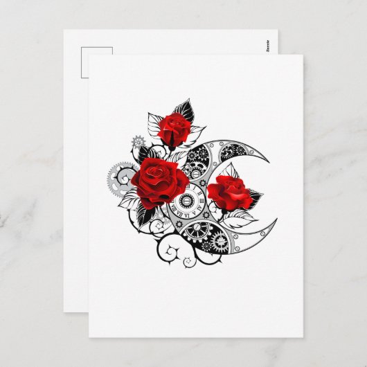 Cartes Pour Fêtes Annuelles Croissant mécanique avec roses rouges (Devant / Derrière)