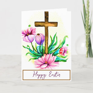 Cartes Pour Fêtes Annuelles Croix aquarelle et lotus rose personnalisé Pâques