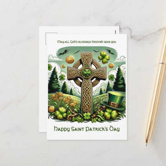 Cartes Pour Fêtes Annuelles Croix celtique : Fête de la Saint Patrick (Devant/Arrière en situation)