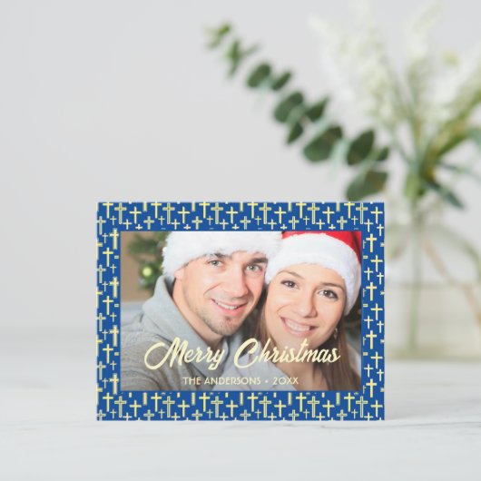 Cartes Pour Fêtes Annuelles Croix chrétienne Élégant Script Marine Bleu Noël (Debout devant)