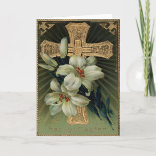 Cartes Pour Fêtes Annuelles Croix chrétienne en or Lys de Pâques
