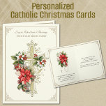 Cartes Pour Fêtes Annuelles Croix d'or catholique de Noël Poinsettias<br><div class="desc">Doté d'une belle image vintage d'une croix d'or recouverte de poinsettias rouges et de fleurs de Noël. Un autre beau bouquet de Noël avec un chapelet est à l'intérieur avec un verset d'écriture en dessous. Tout le texte peut être modifié.</div>