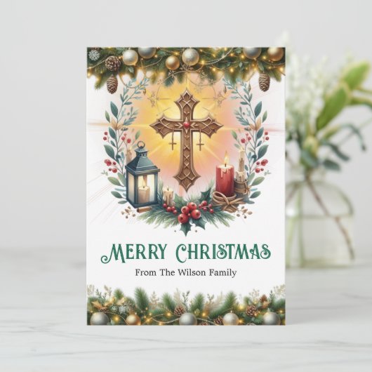 Cartes Pour Fêtes Annuelles Croix élégante avec lanterne et bougies Noël (Debout devant)