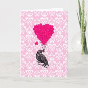 Cartes Pour Fêtes Annuelles Crow et coeur sur damas rose