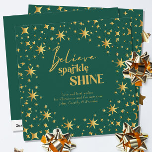 Cartes Pour Fêtes Annuelles Croyez Sparkle Shine Elegant Green et Gold Stars