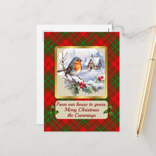 Cartes Pour Fêtes Annuelles Cumming Tartan w/Robin Personalized (Devant/Arrière en situation)