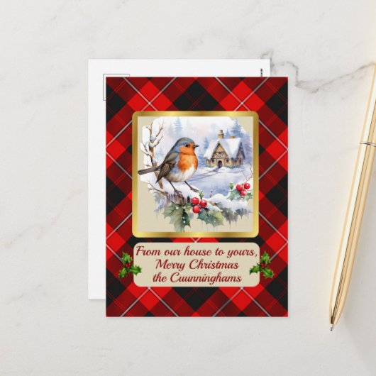 Cartes Pour Fêtes Annuelles Cunningham Tartan w/Robin Personalized (Devant/Arrière en situation)