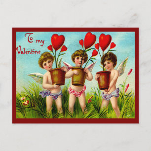 Cartes Pour Fêtes Annuelles Cupids vintages de Saint Valentin tenant des Plant