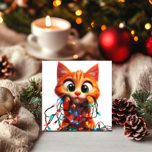 Cartes Pour Fêtes Annuelles Curieux Chaton Orange avec des Lumières de Fête