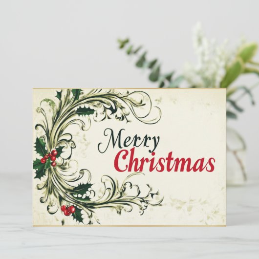 Cartes Pour Fêtes Annuelles Cursive Joyeux Noël avec verdure (Debout devant)