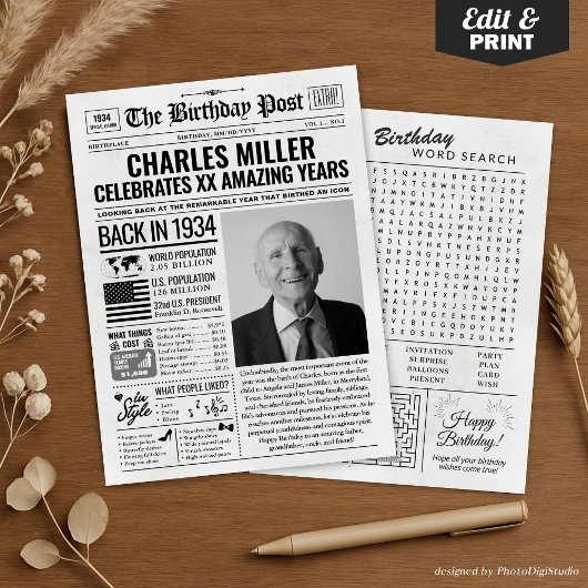 Cartes Pour Fêtes Annuelles Custom Back in 1934 Newspaper Birthday Card, Trend