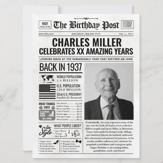 Cartes Pour Fêtes Annuelles Custom Back in 1937 Newspaper Birthday Card, Trend (Devant)