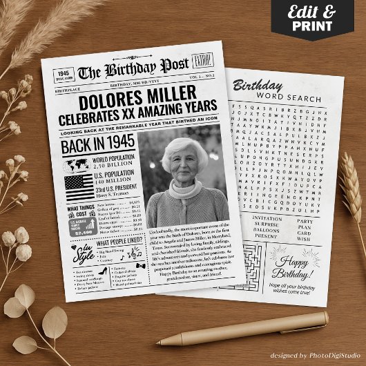 Cartes Pour Fêtes Annuelles Custom Back in 1945 Newspaper Birthday Card, Trend