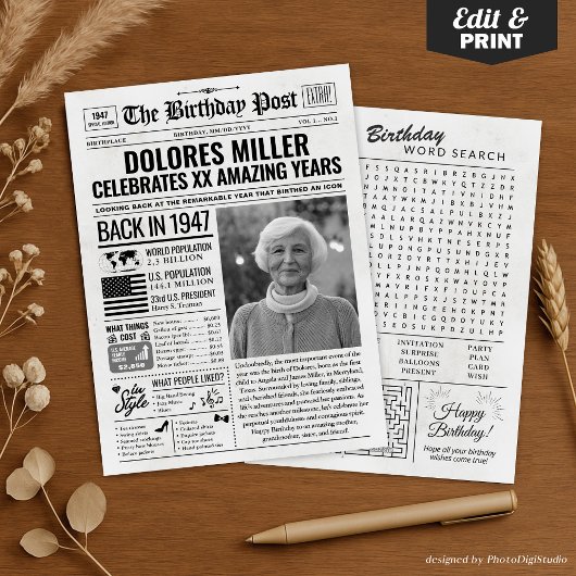 Cartes Pour Fêtes Annuelles Custom Back in 1947 Newspaper Birthday Card, Trend